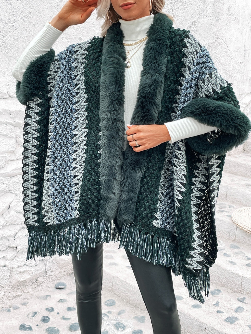 Trendsi Faux Fur Trim Cable-Knit Poncho