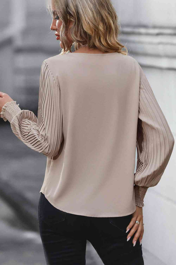 Pleated Lantern Sleeve V-Neck Long Sleeve Blouse – KesleyBoutique