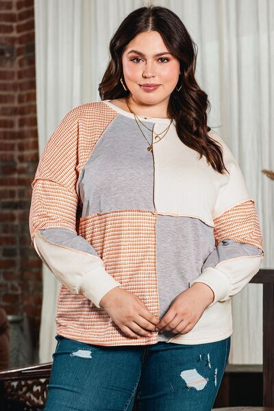 Pink Plus Size Waffle Knit Exposed Seam Shirt - Pink / 2X /  95%Polyester+5%Elastane