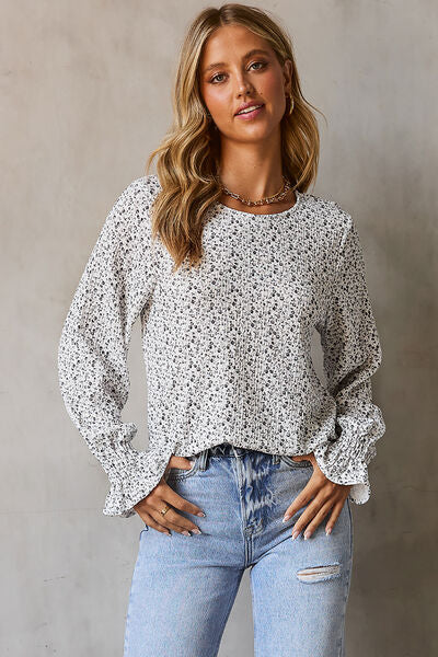 Floral V-Neck Frill Long Sleeve Blouse – KesleyBoutique