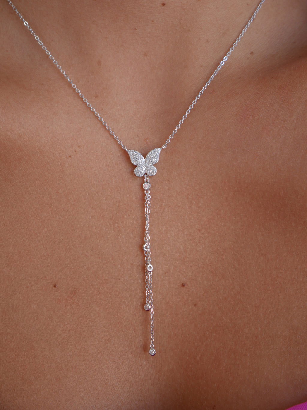 Butterfly silver Y-necklace with clear cubic zirconia and sliding