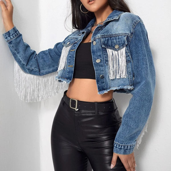 Collared Neck Long Sleeve Cropped Denim Jacket - Dark / S