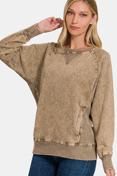 Zenana Round Neck Long Sleeve Sweater with Pocket