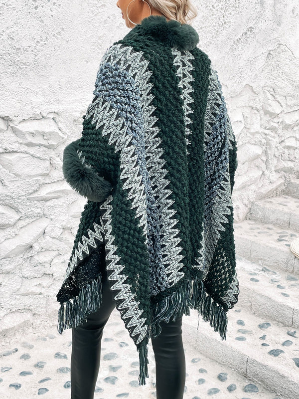 Faux Fur Trim Cable-Knit Poncho – KesleyBoutique