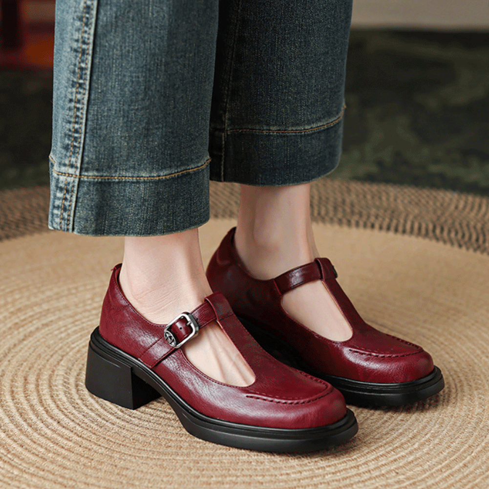 T STRAP BUCKLE LOAFERS LOW HEEL