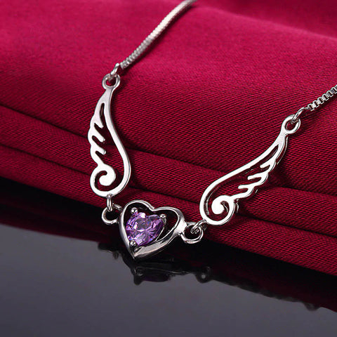 __switch:Violet Pendentif de Cœur d'Ange Ailé violet en Argent