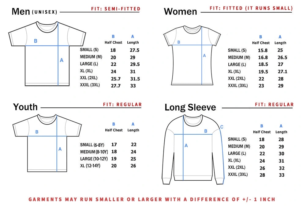 Artorama Size Chart for T-Shirts