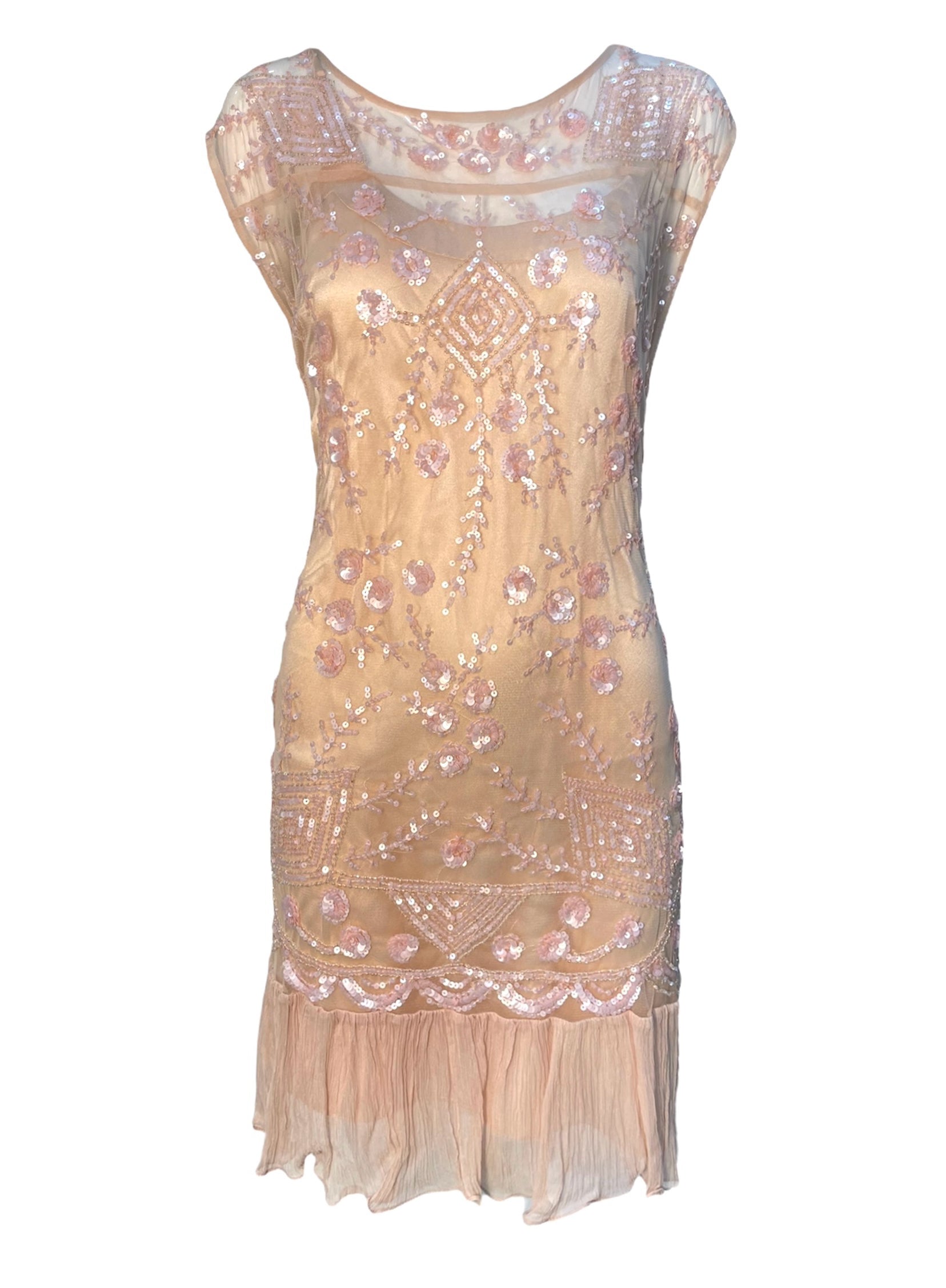 John Galliano S/S 2008 Blush Pink 1920's Deco Style Lace Sequin Flapper Dress - OLDBS