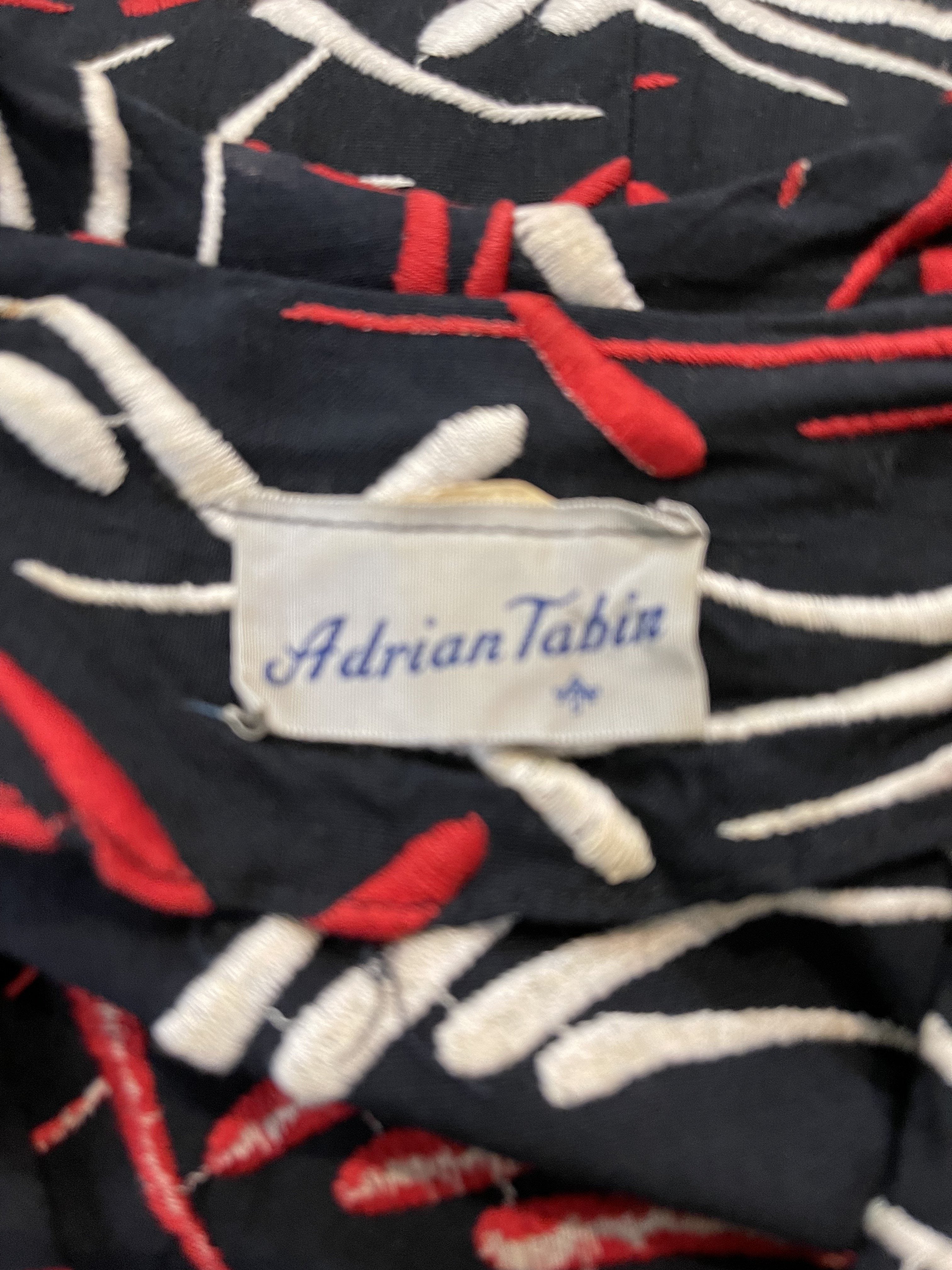 Adrian Tabin 50s Dark Blue Linen Dress w/Red and White Embroidery