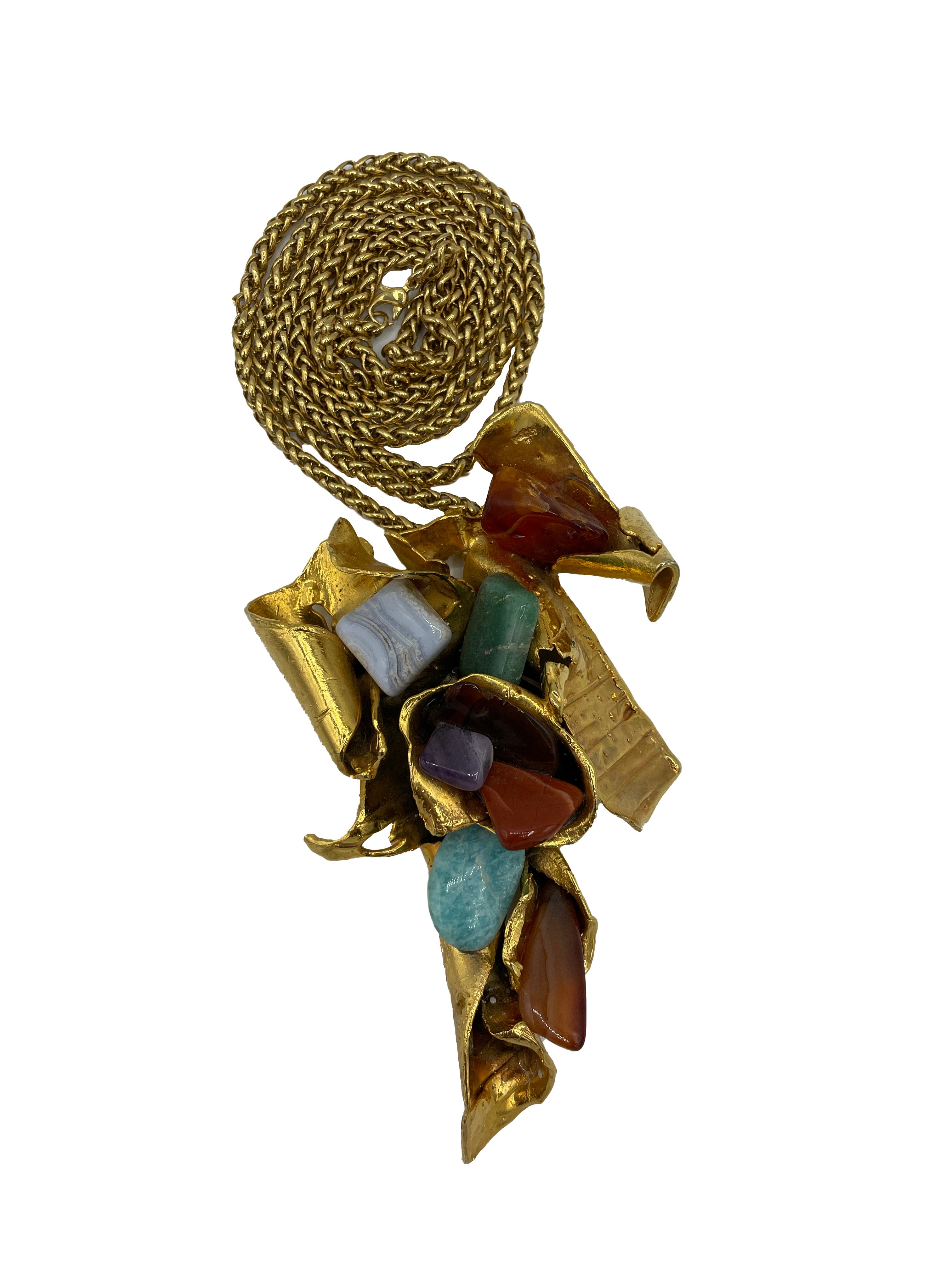 80s Brutalist Pendant with gMulti-Color Gem Stones