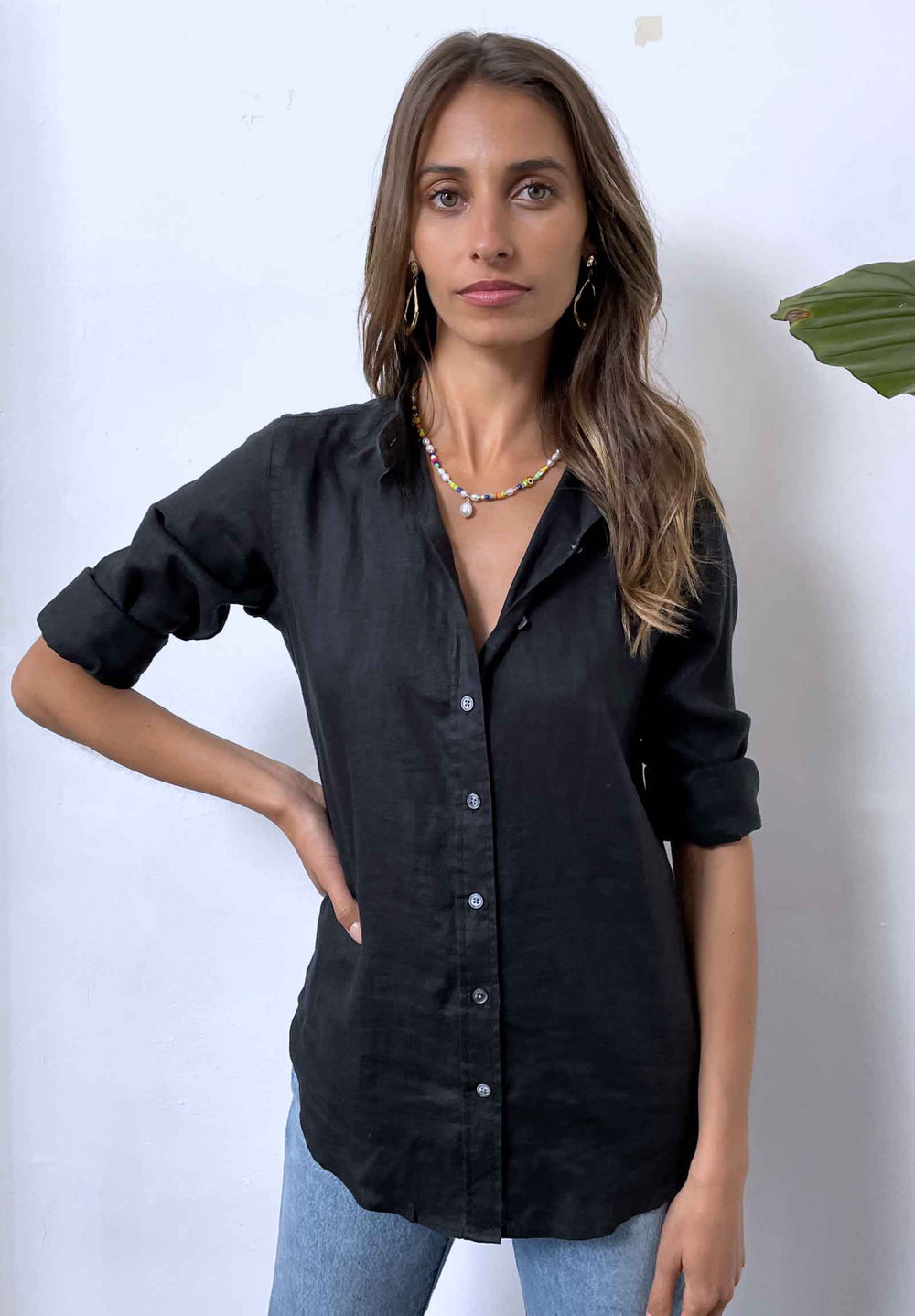 Crinkle Black Oversized Linen Shirt –