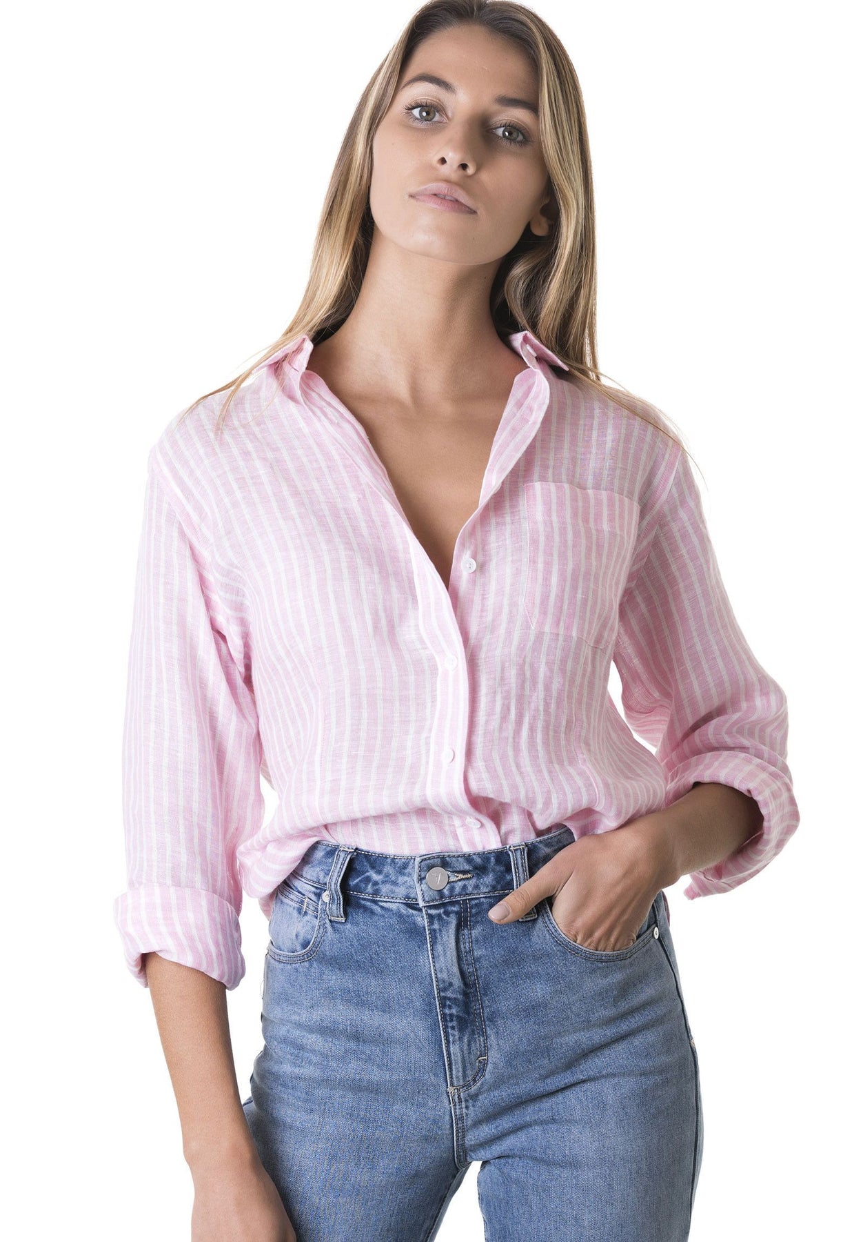 Rina Pink Striped Linen Shirt Camixa Usa 9296