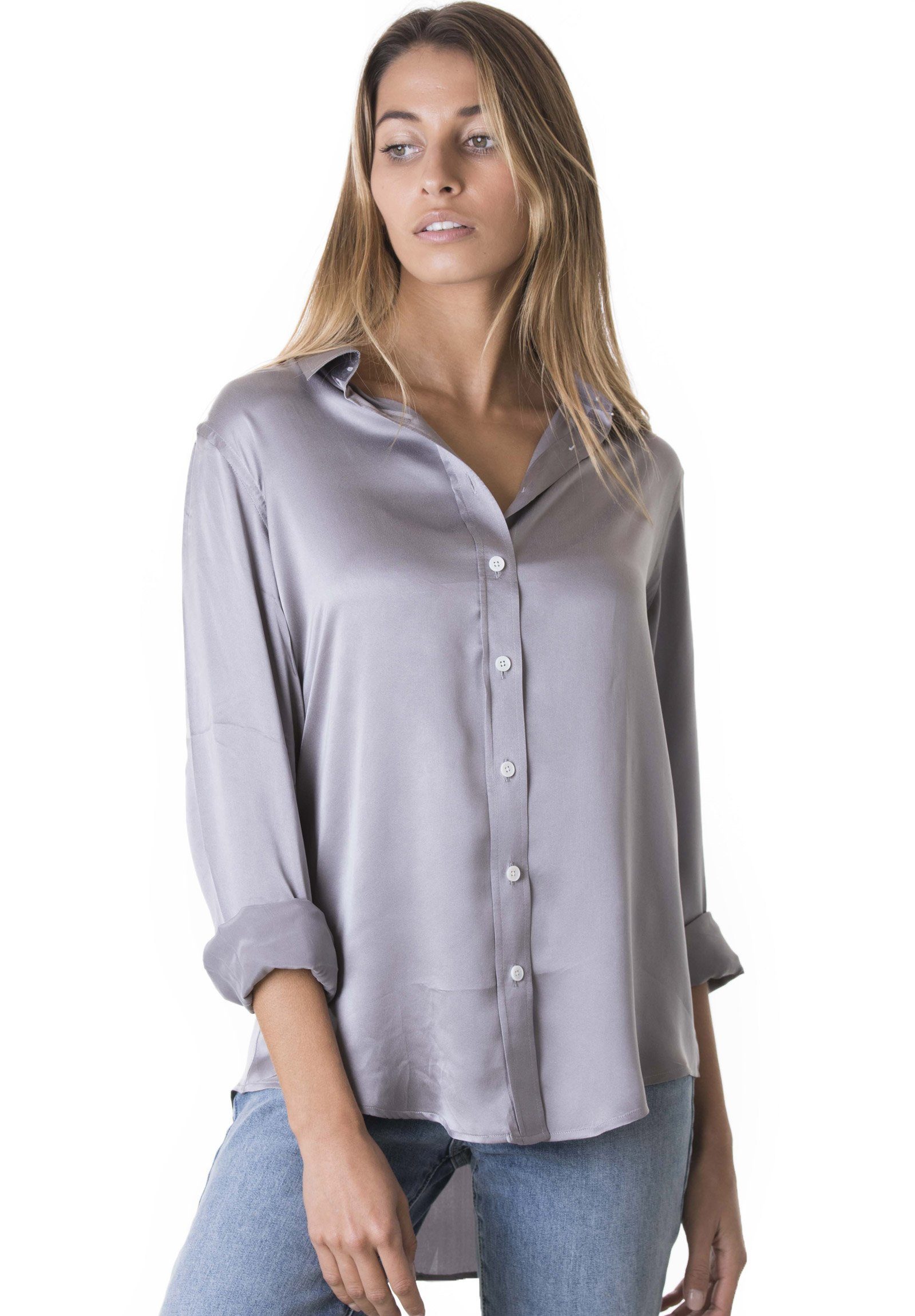 Satin Pearl Grey, Pure Charmeuse Silk, Boyfriend Shirt – CAMIXA