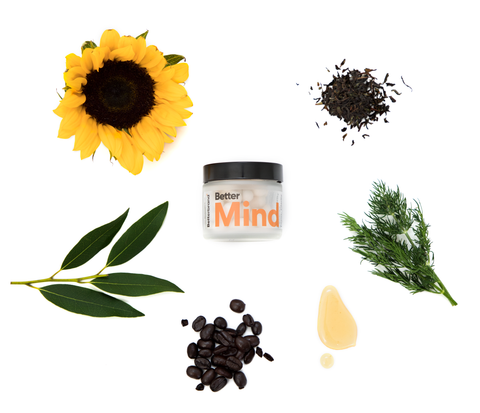 bettermind supplement for brain and focus alongside coffee beans, rosemary, sunflower, and other plants