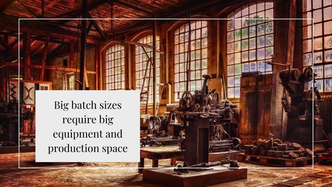An image of a factory with the text "big batch sizes require big equipment and production space"