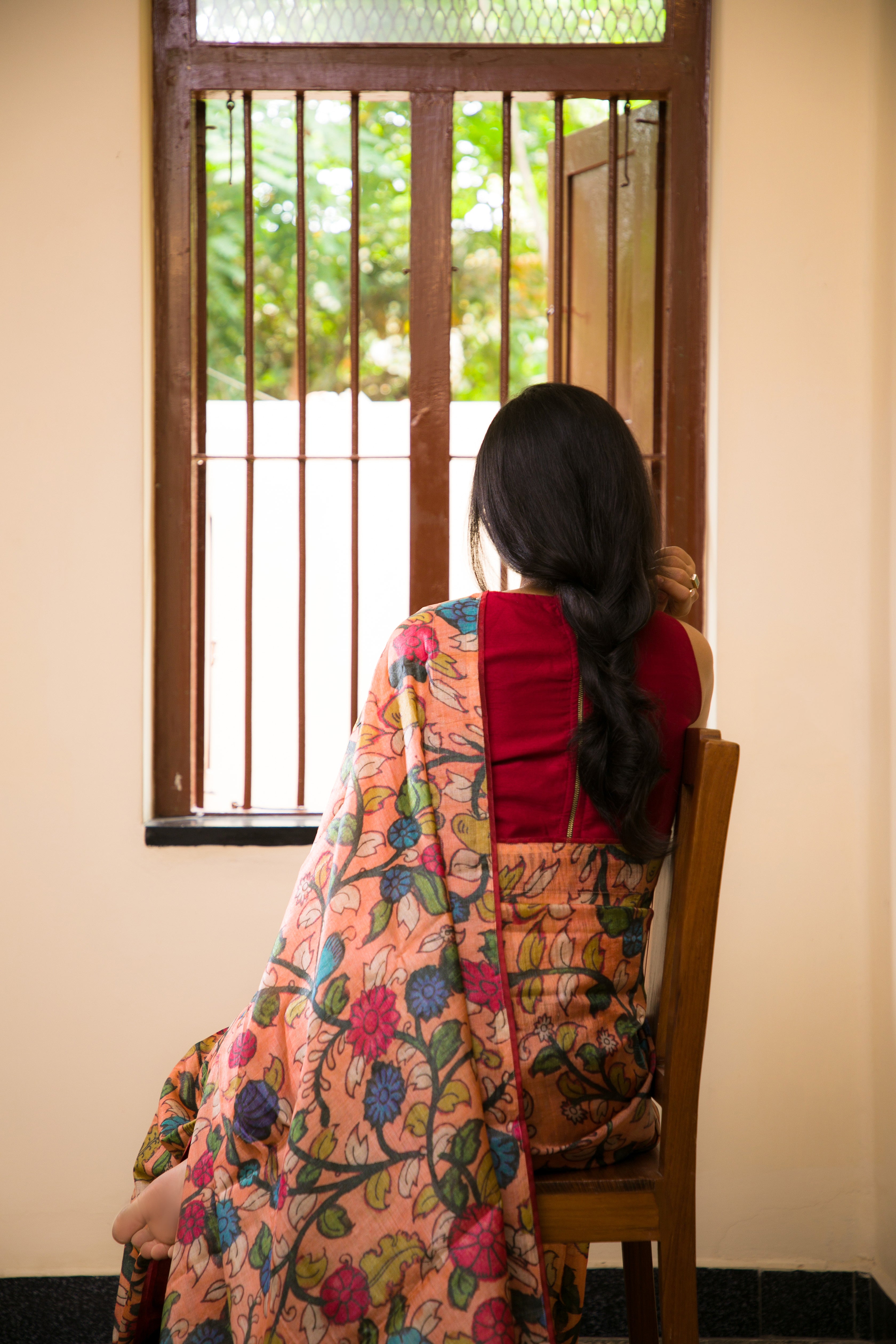 peach pen kalamkari tussar saree organza border 