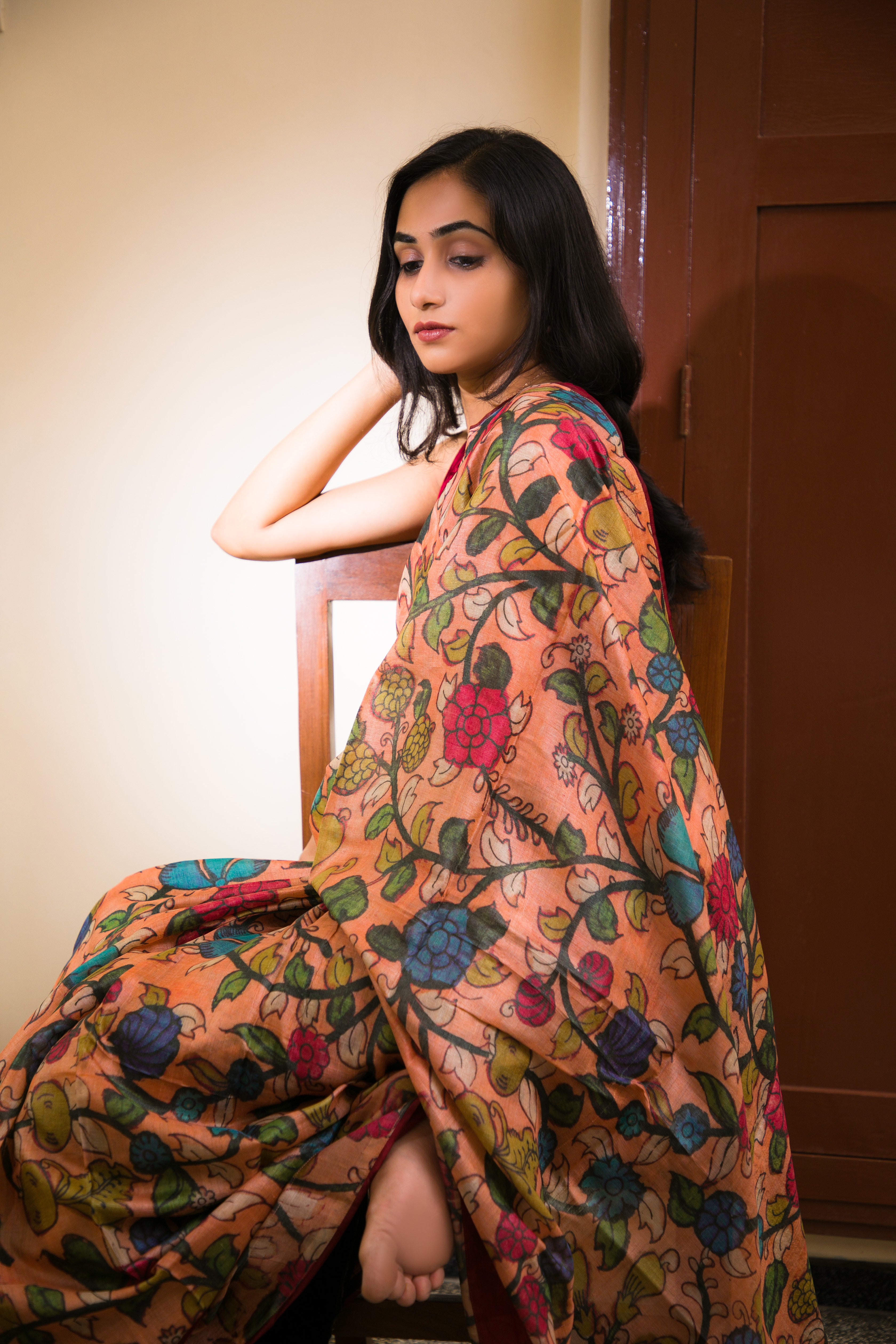 peach pen kalamkari tussar saree organza border 