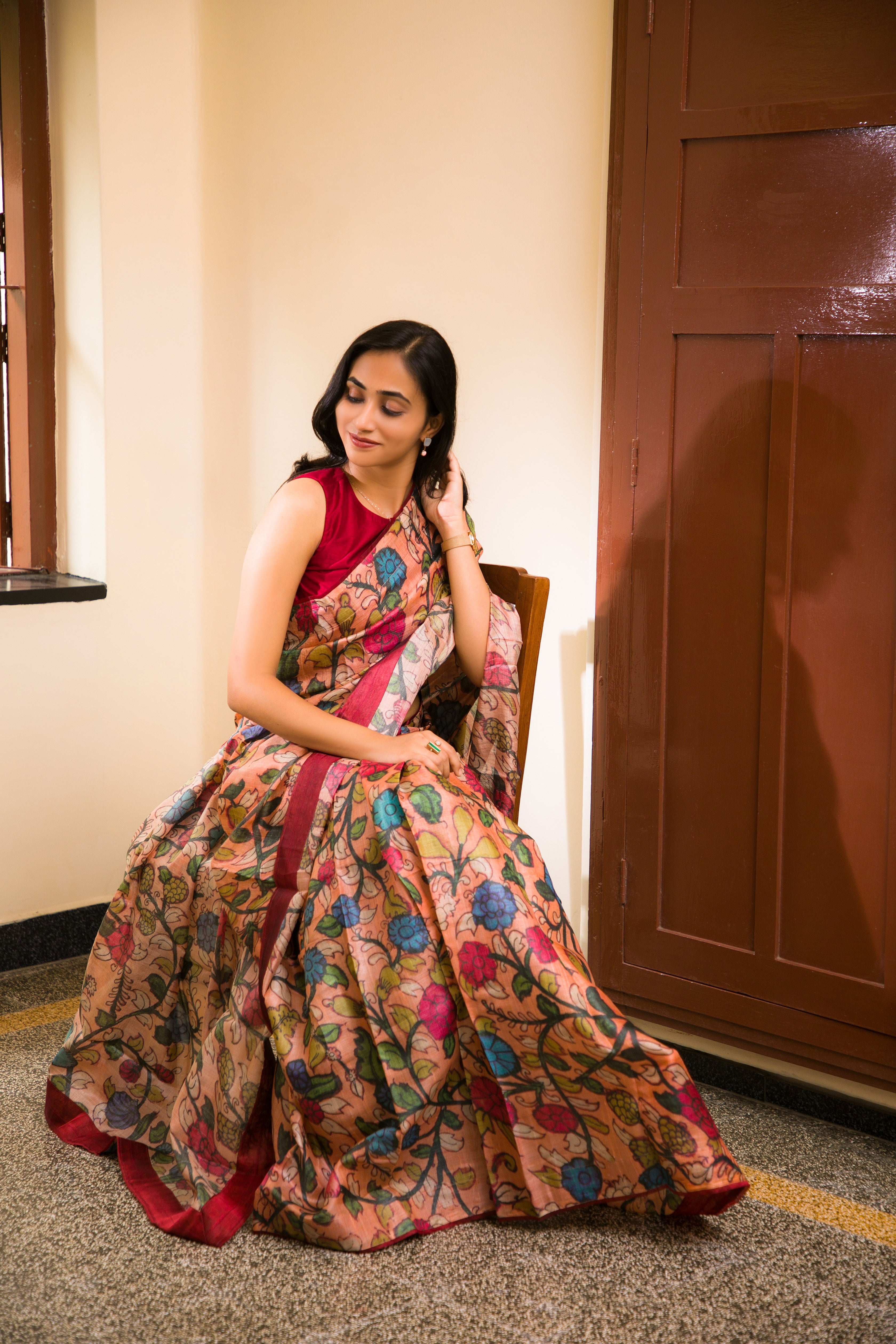 peach pen kalamkari tussar saree organza border 