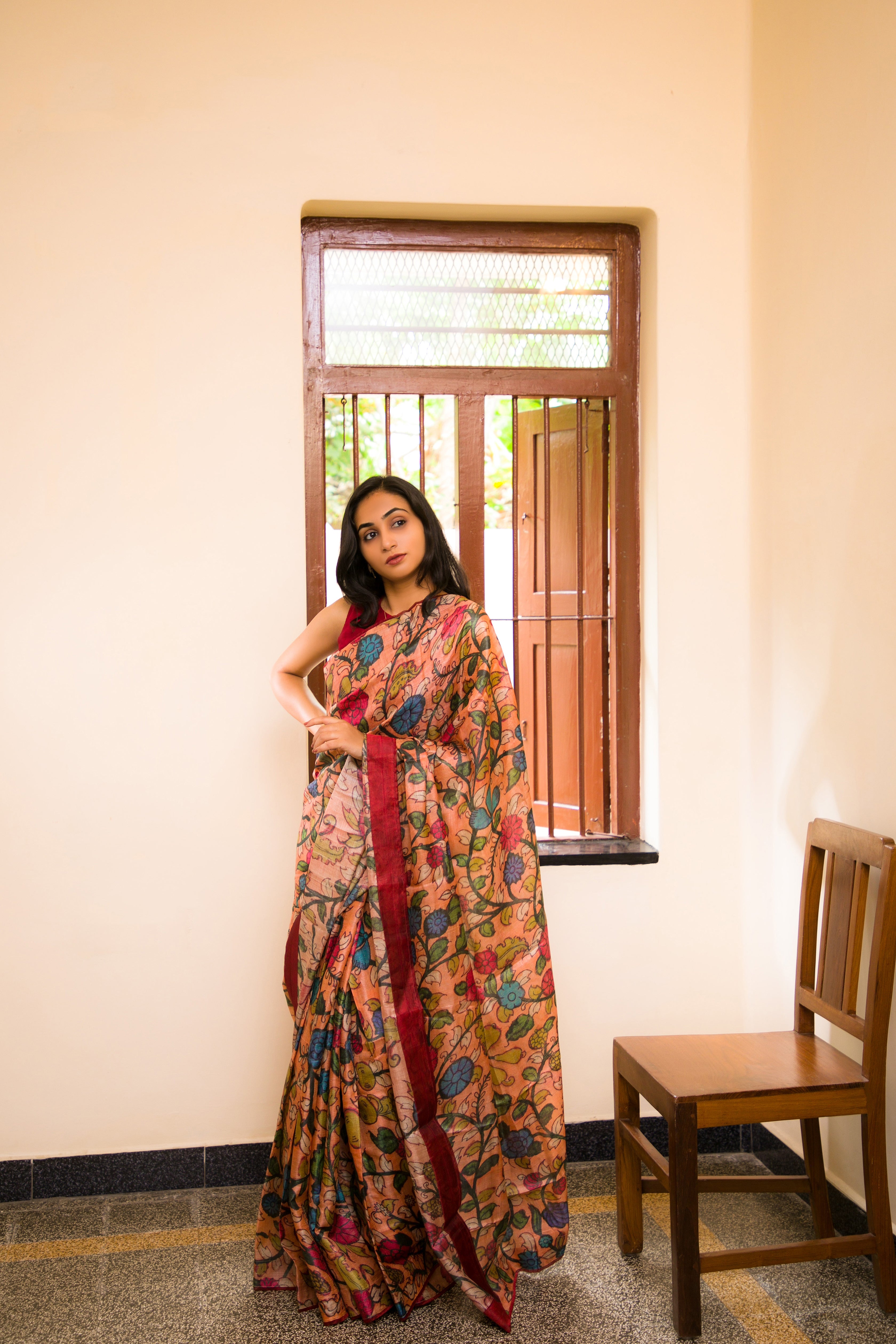 peach pen kalamkari tussar saree organza border 