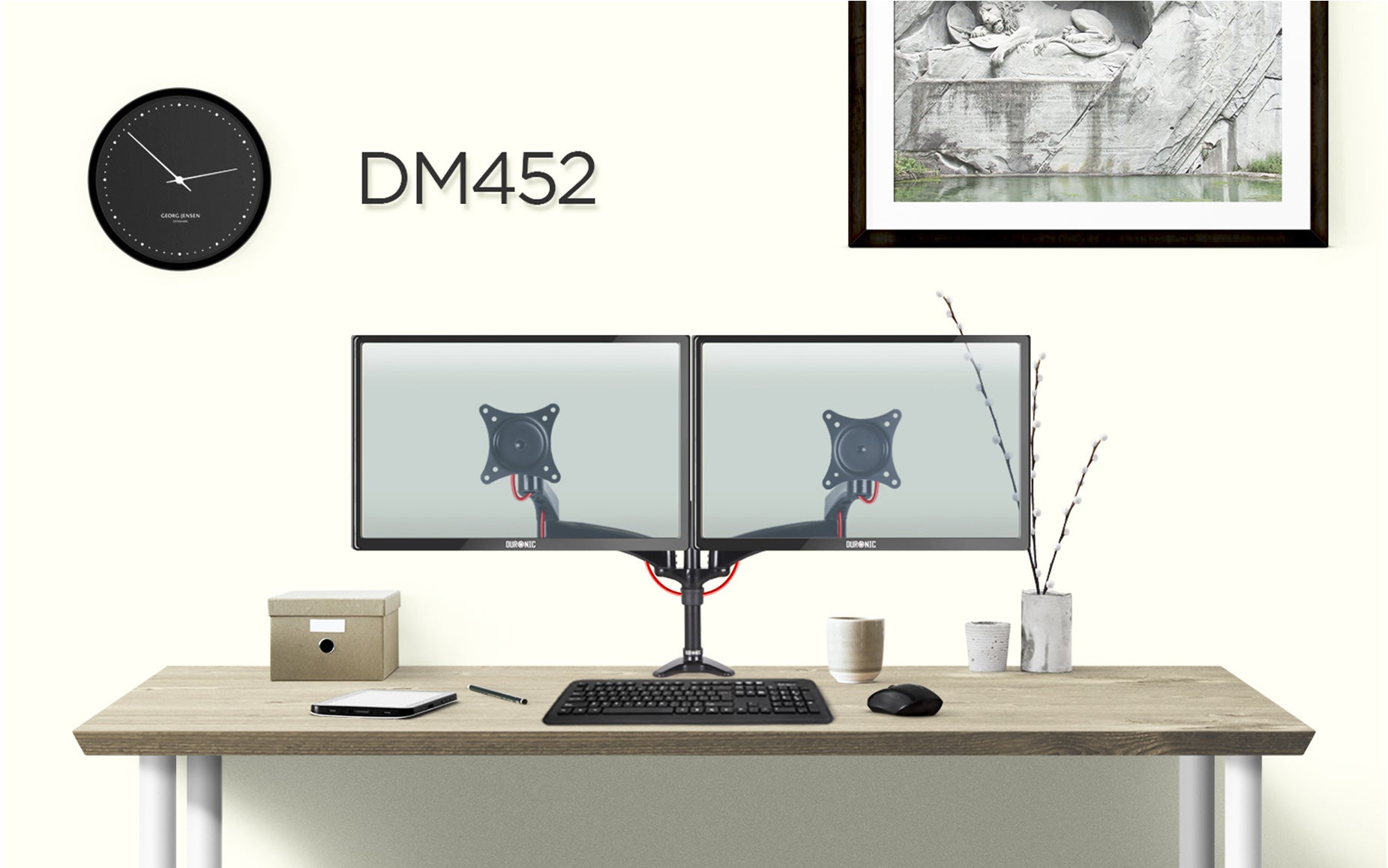dm452, black, desk, mount, bracket, stand, support, riser, arm, double, two, twin, duo, dual, office, computer