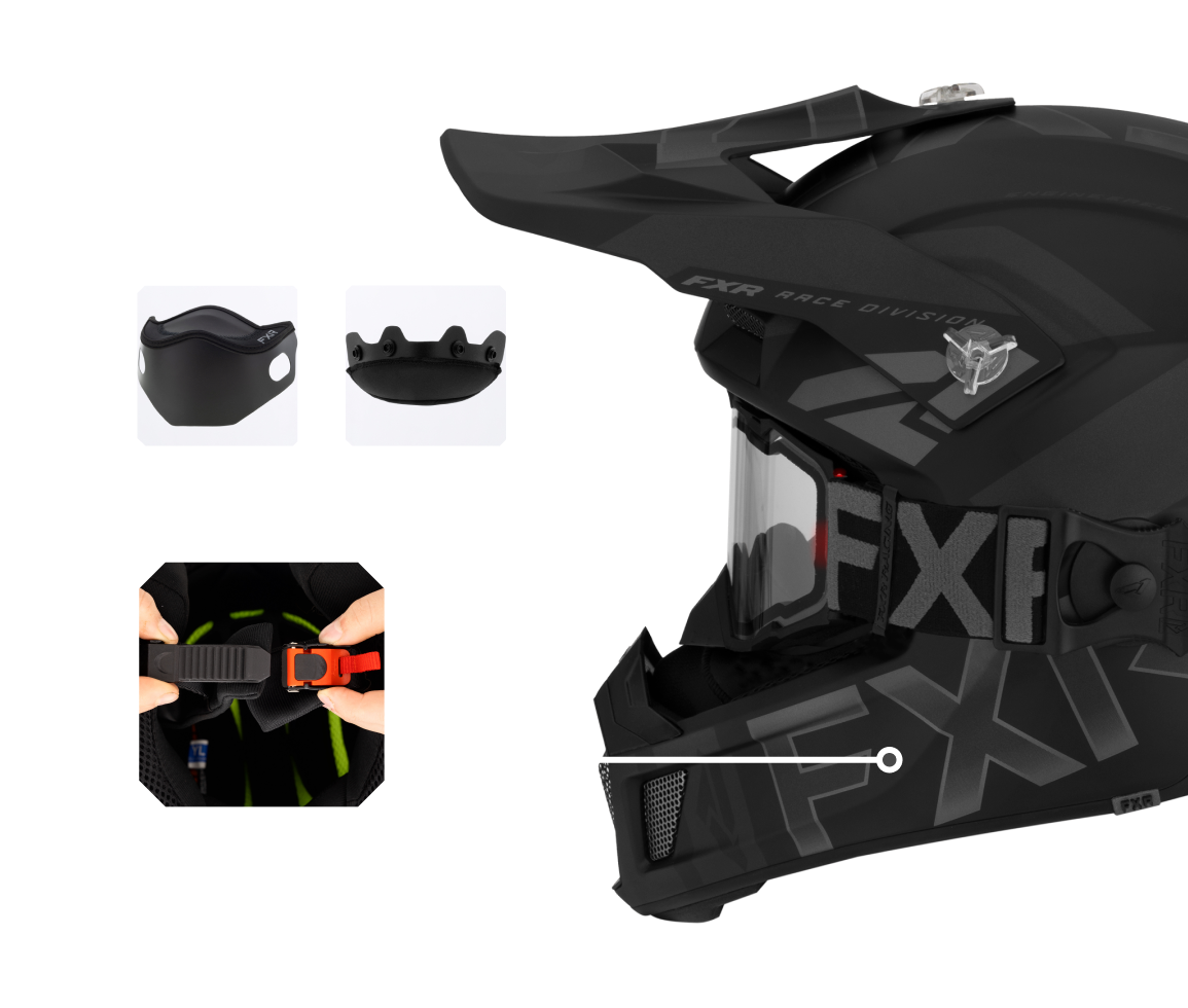 A left-side view image of Clutch Cold Stop QRS helmet highlighting the integrated removable breath box and chin skirt and the quick-release, easy adjust buckle