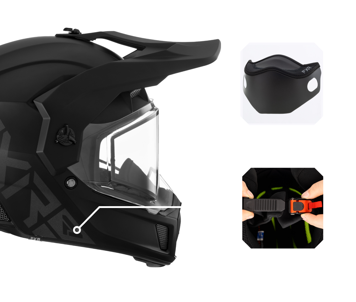 A right-side view image of Clutch X Prime helmet highlighting the integrated removable breath box and the quick release, easy adjust buckle