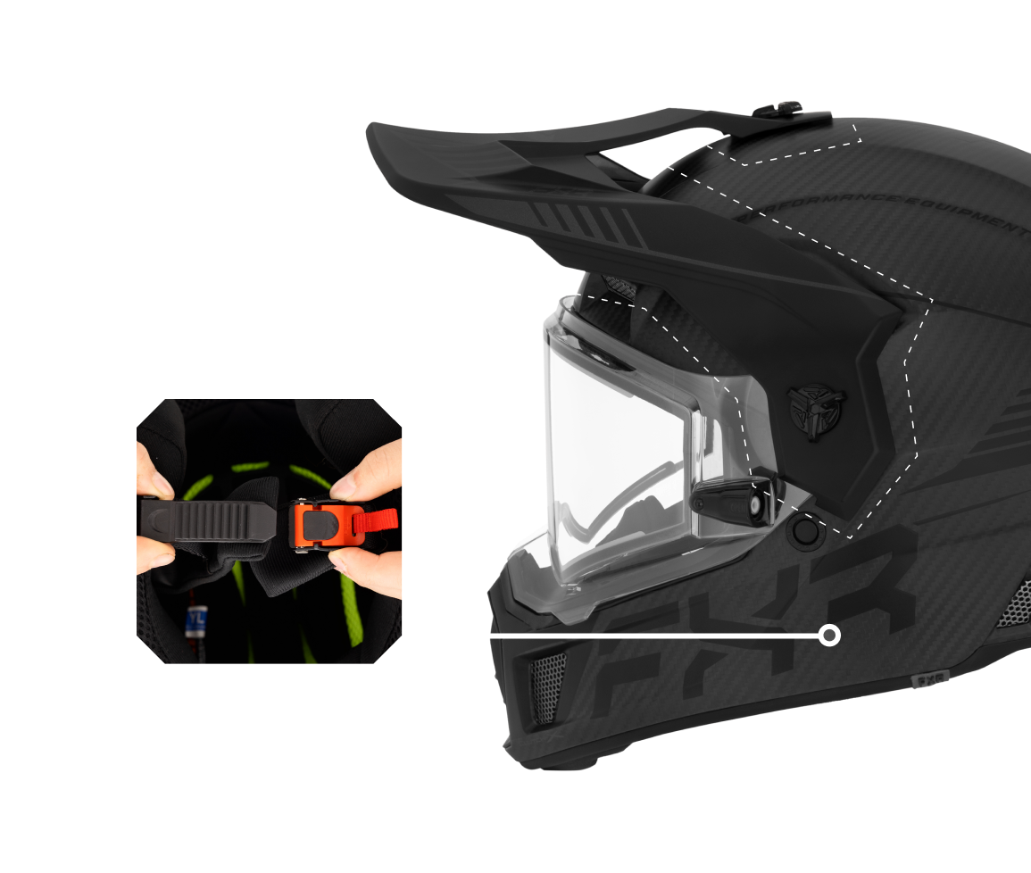 A left-side view image of Clutch Evo helmet highlighting the adjustable ultra hi-flow shape peak