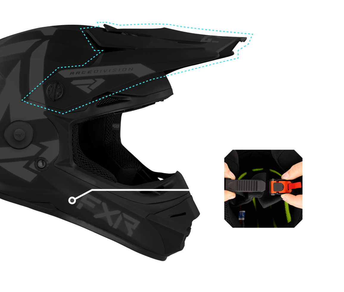 A left-side view image of Youth Legion QRS helmet highlighting the adjustable ultra hi-flow shape peak