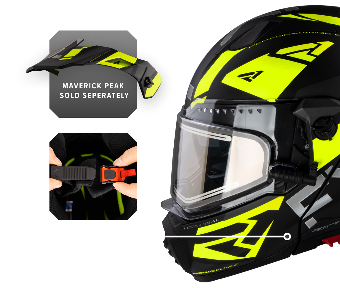 A left-side view image of Maverick Speed helmet featuring the quick-release, easy adjust buckle and showing the peak is sold seperately