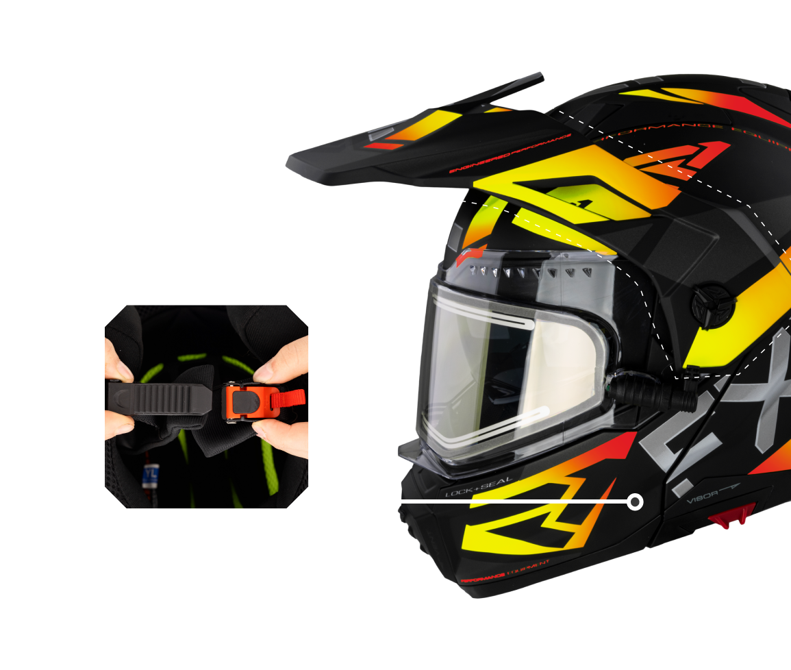 A left-side view image of Maverick X helmet highlighting the strong removable peak