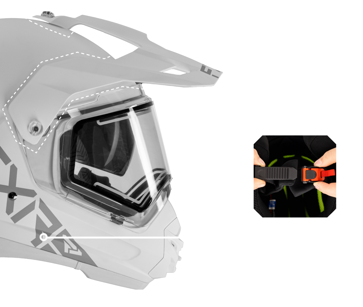 A right-side view image of Torque X Prime helmet highlighting the peak and quick-release, easy-adjust buckle