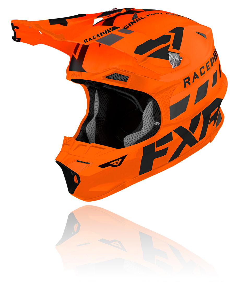 A front view image of FXR’s Blade Race Div orange black colorway helmet