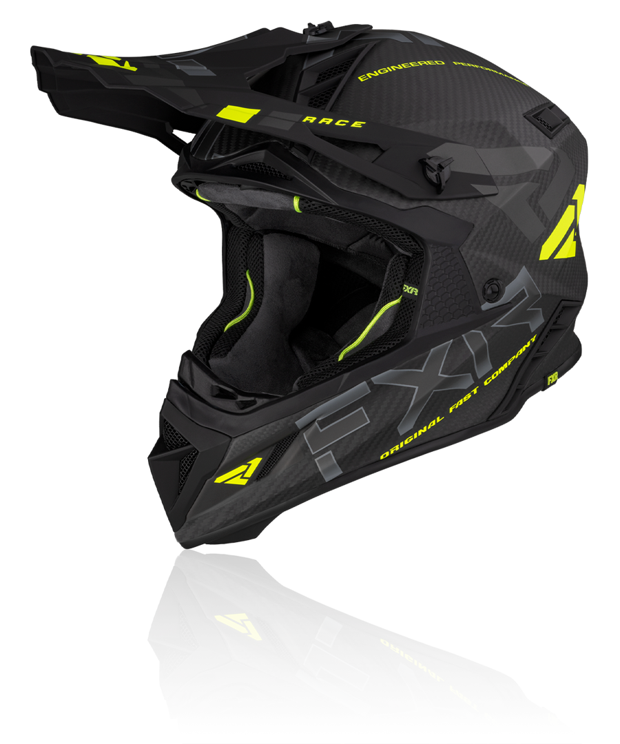 A front view image of FXR’s Helium Carbon with d-ring hi-vis charcoal colorway helme