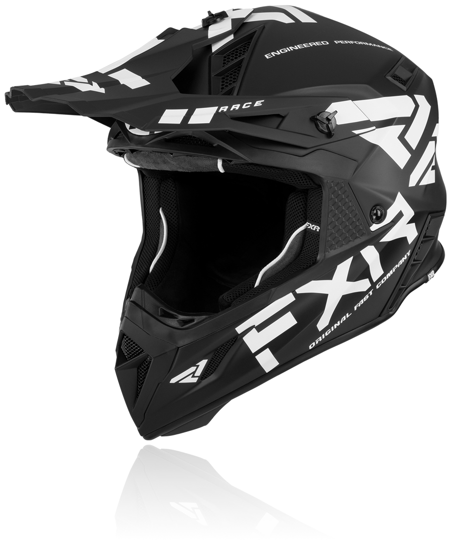 A front view image of FXR’s Helium Race Div with d-ring black white colorway helmet