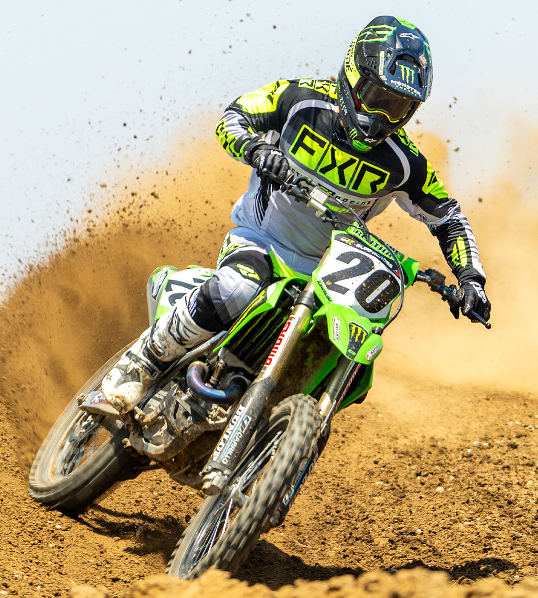 An image of a MX rider sporting the '24 Clutch Pro jersey and pant