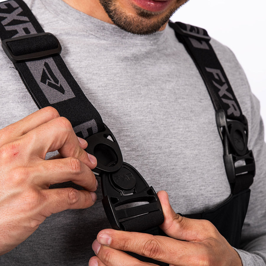 Image of FXR's Vapor Pro Bib Pant, featuring the adjustable suspenders with front swivel buckles