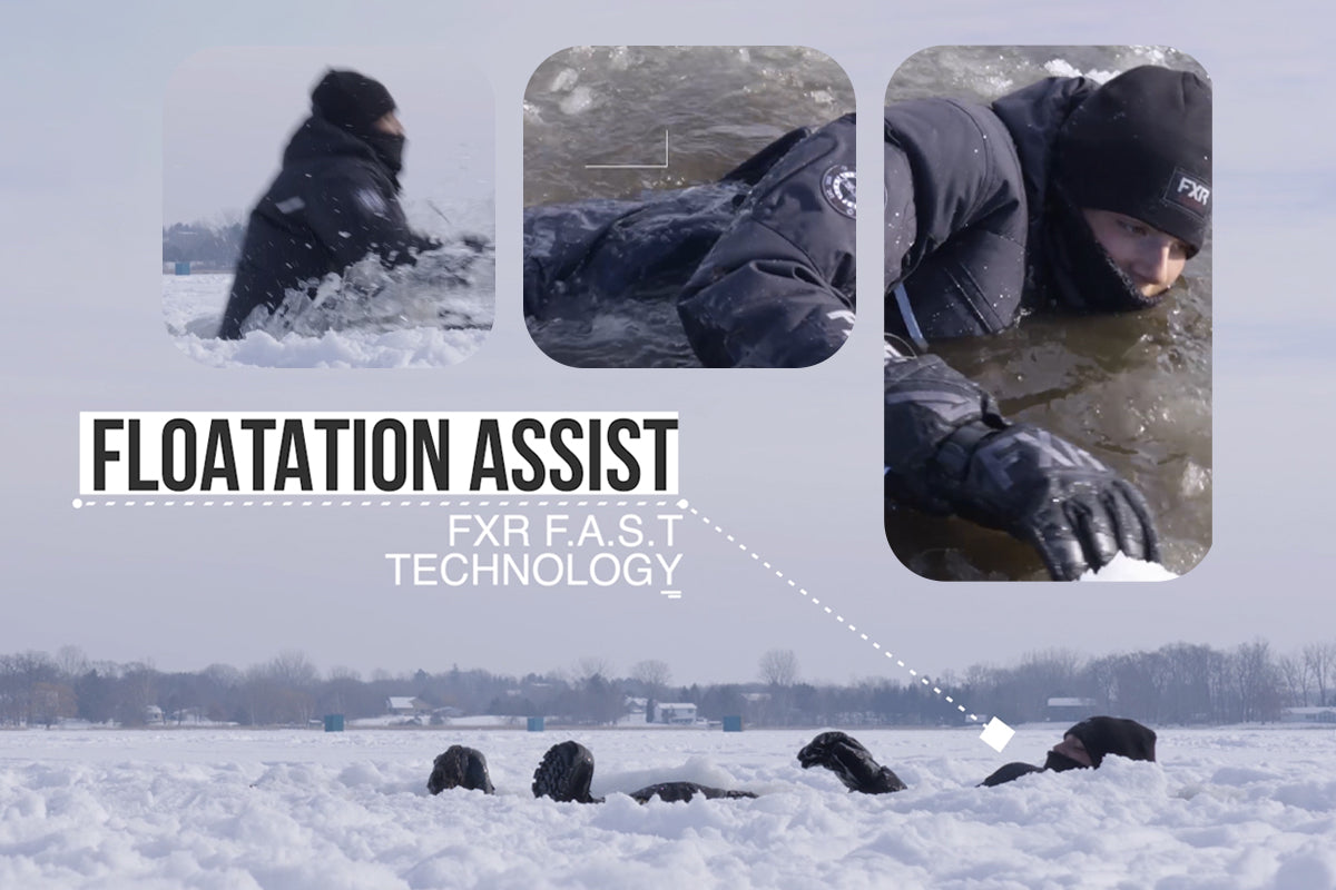 Image of guy floating on ice water demonstrating the F.A.S.T™ Floatation Assist Safety Technology