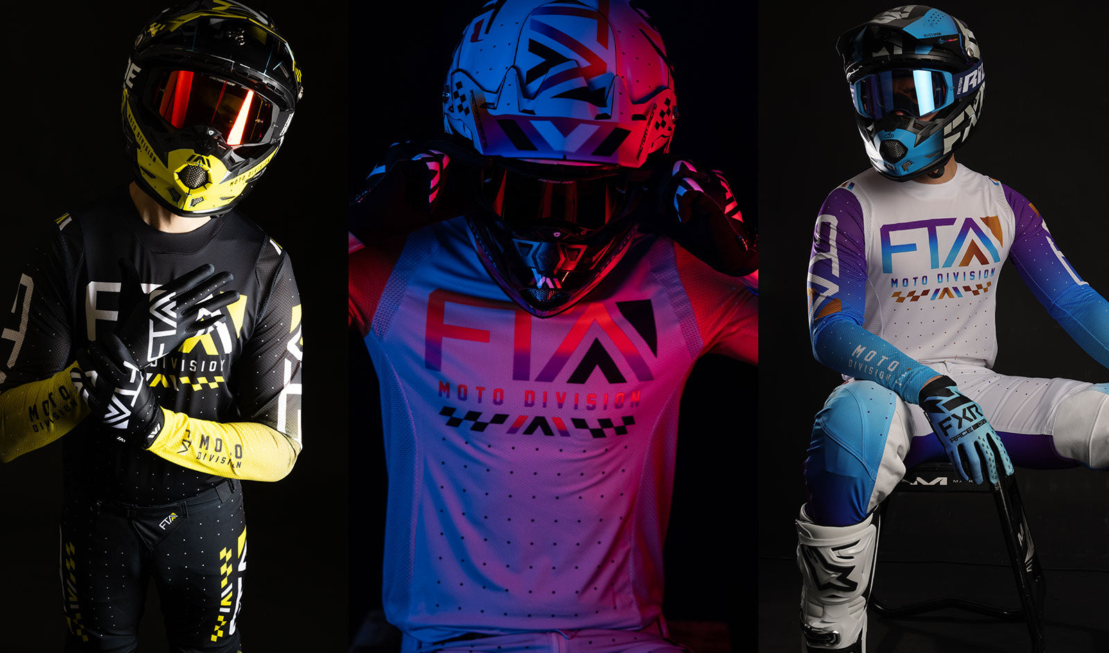 Three studio shots showcasing the FTA moto apparel