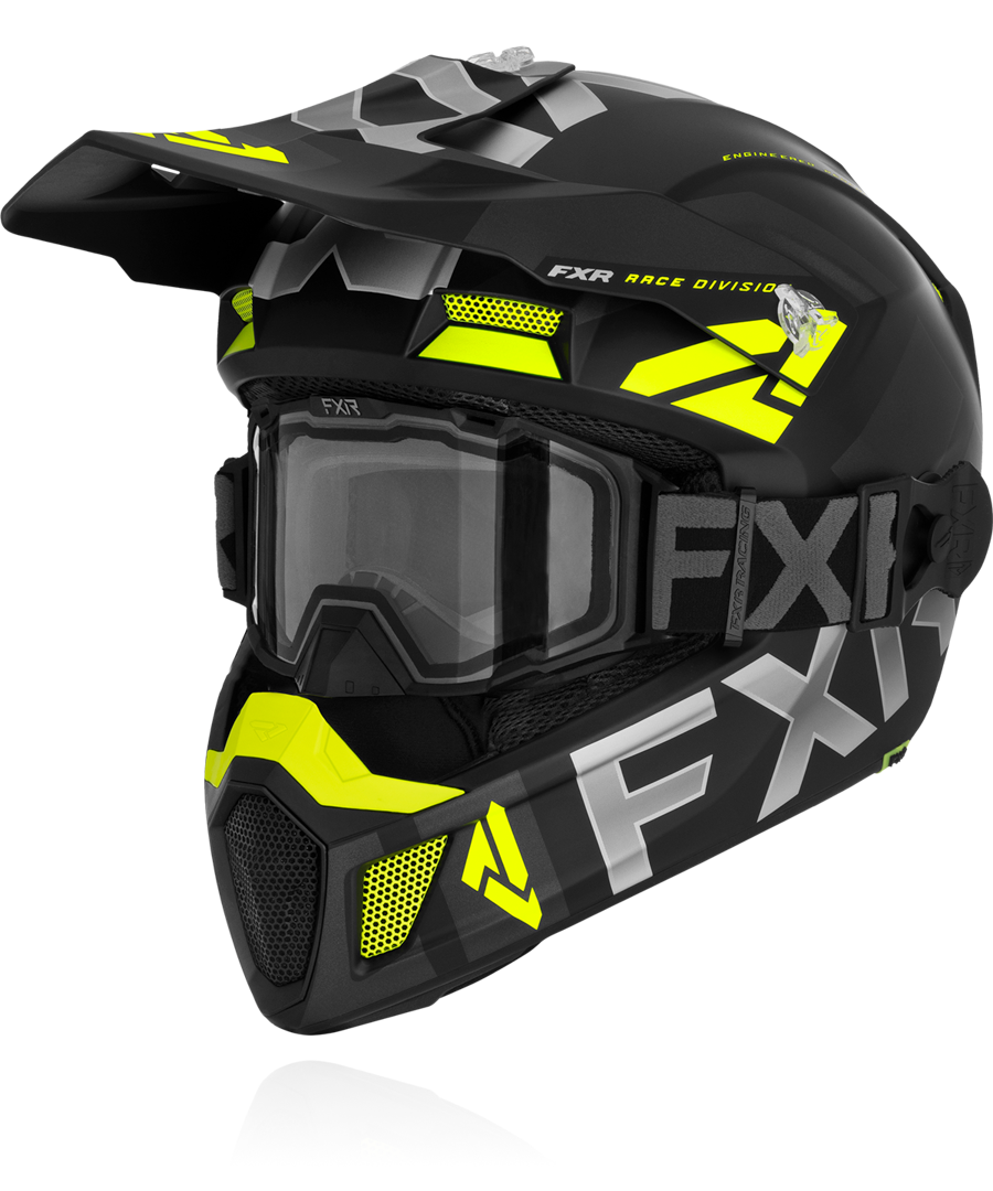 A front view image of FXR's Clutch Cold Stop QRS black hi vis colorway helmet