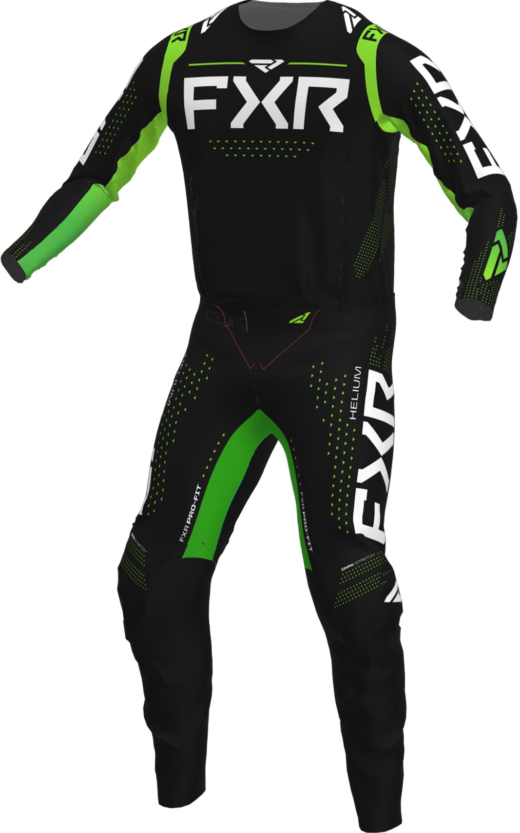 A 3D image of FXR's Custom Helium LE MX Jersey and Pant in Lime Black colorway