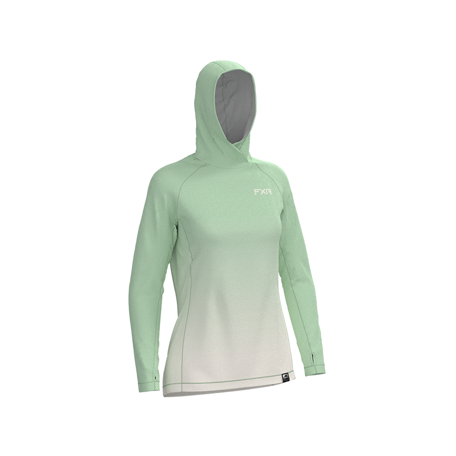 3D image of FXR's Women's Attack Air UPF PULLOVER HOODIE in Lt Sage-Cream Fade colorway