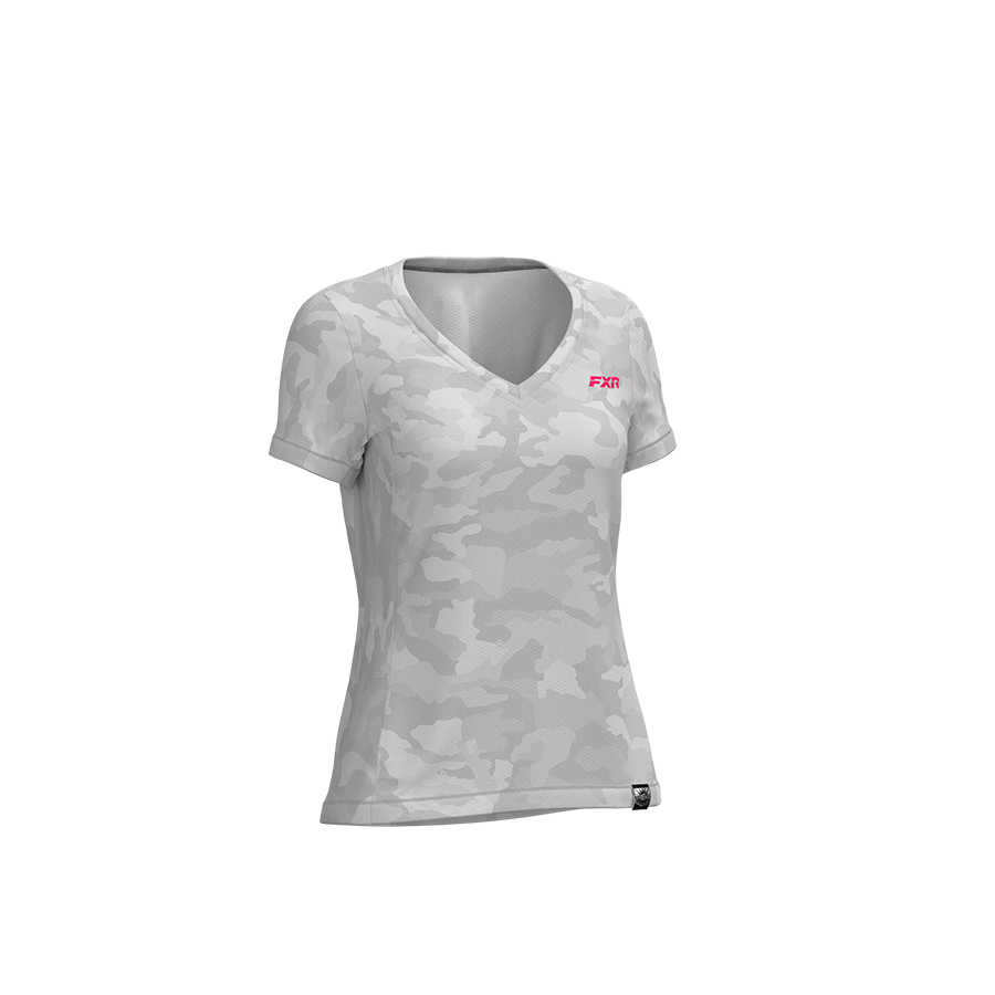 3D image of FXR's Women's BREEZY UPF V-NECK T-SHIRT in Grey Camo/Razz colorway