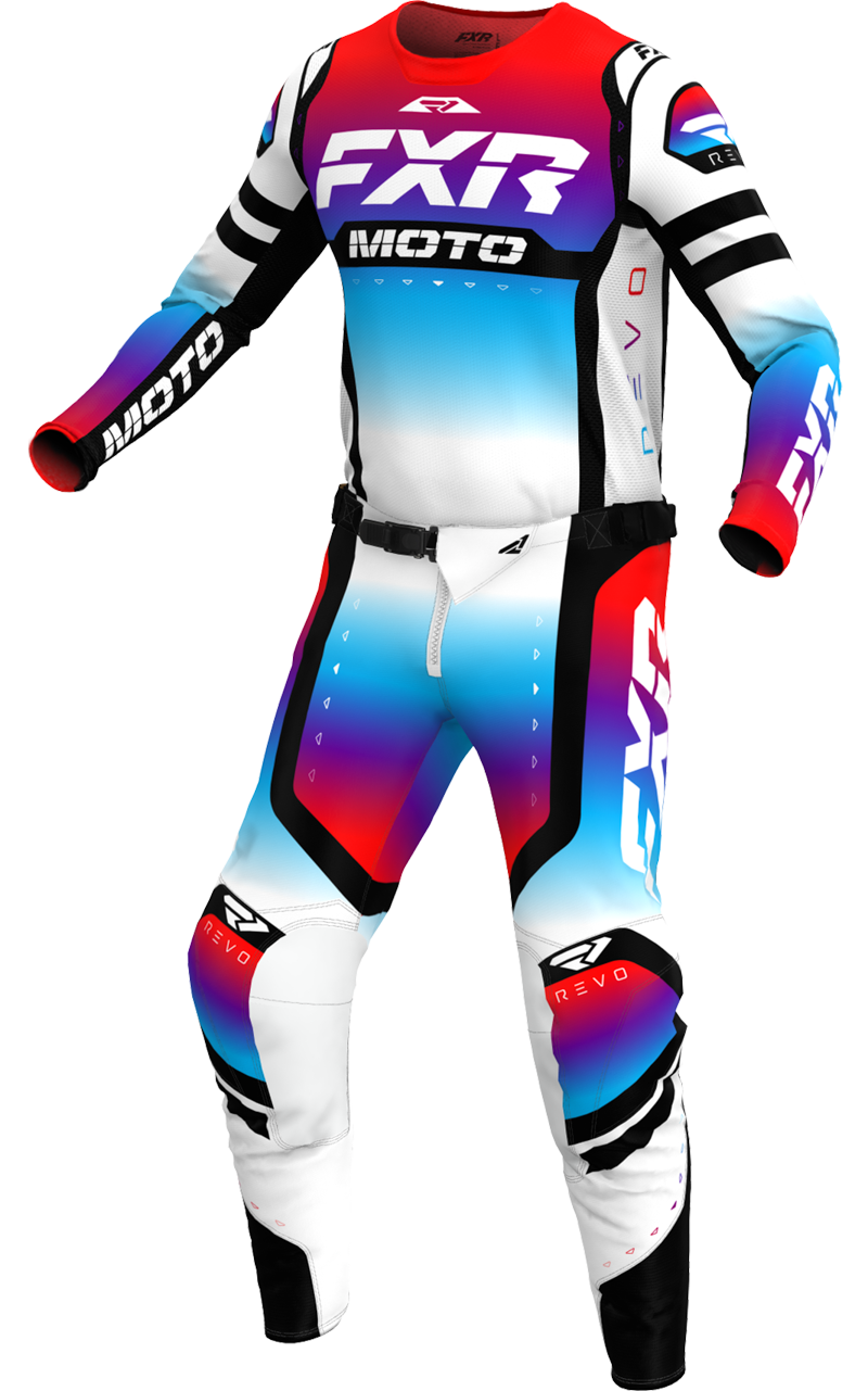 A 3D image of FXR's Revo Pro MX LE Jersey and Pant in Bomb Pop colorway