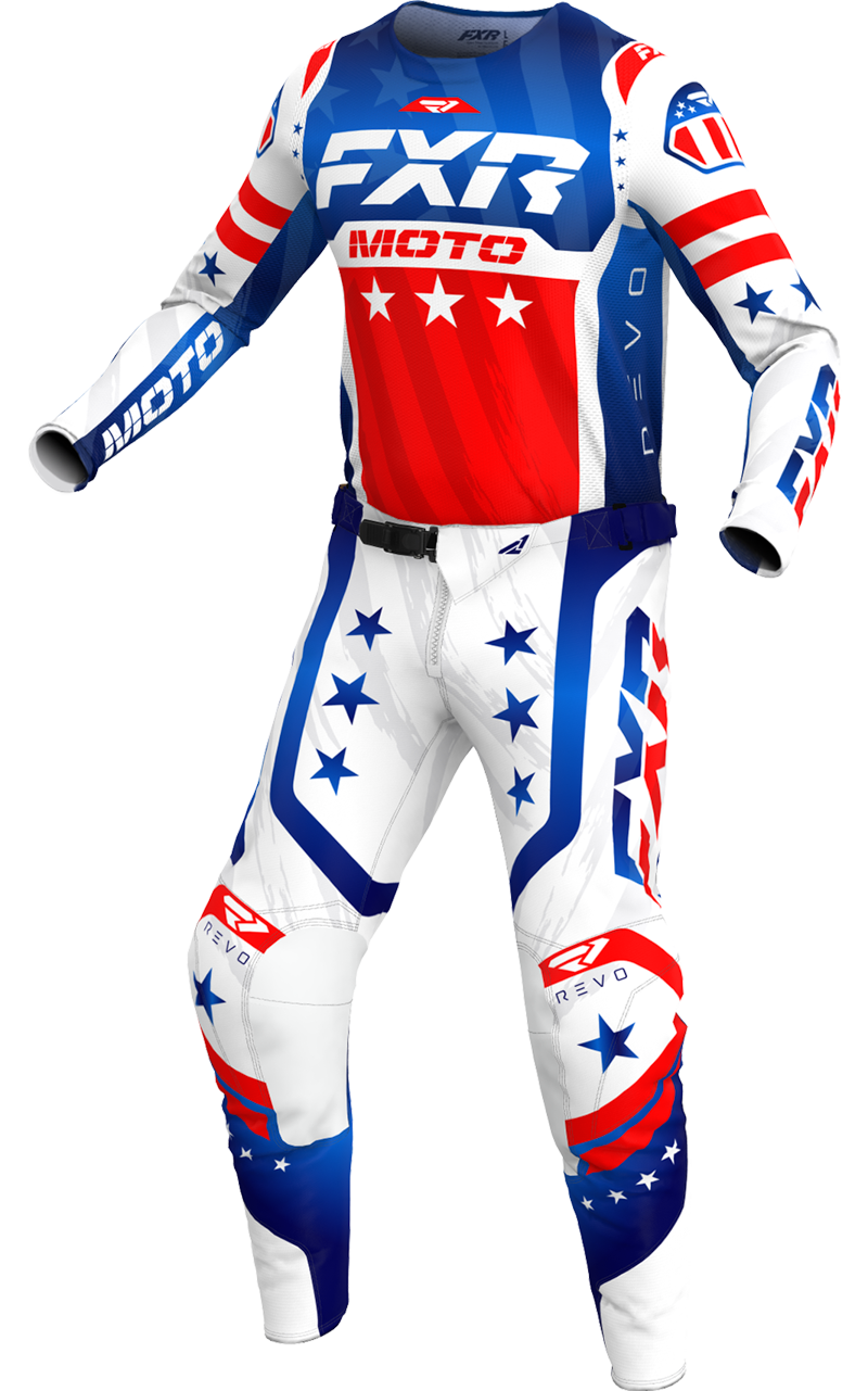 A 3D image of FXR's Revo Pro MX LE Jersey and Pant in Liberty colorway