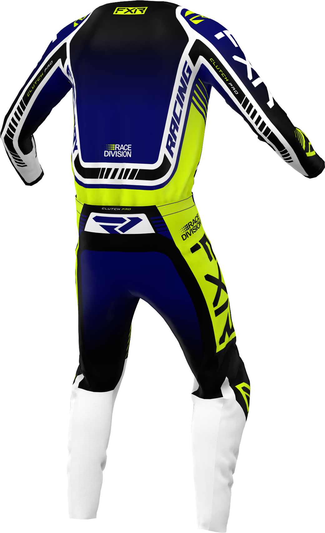 A 3D image of FXR's Clutch Pro MX Jersey and Pant in Midnight/Hi-Vis/White colorway