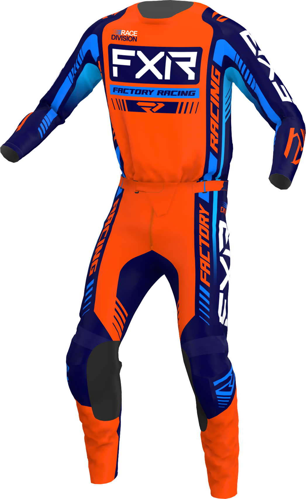 A 3D image of FXR's Clutch Pro MX Jersey and Pant in Orange/Navy colorway