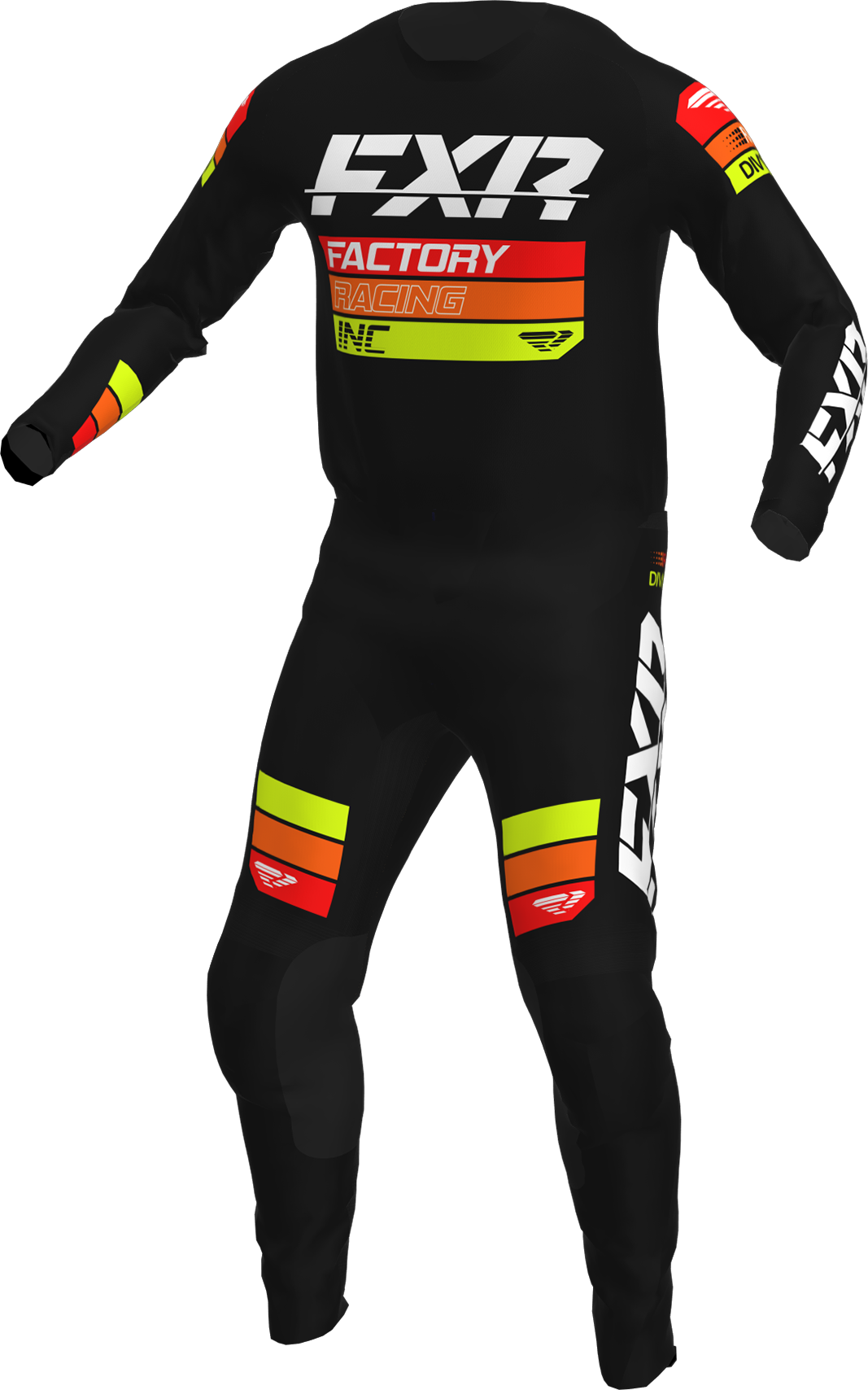 A 3D image of FXR's Clutch MX Jersey and Pant in Black/Orange/Hi-Vis colorway