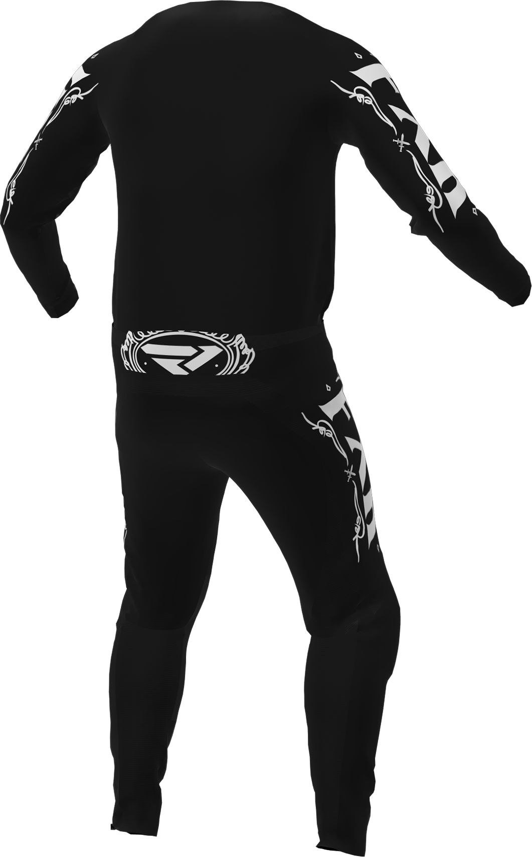 A 3D image of FXR's Clutch MX Jersey and Pant in Black/White colorway