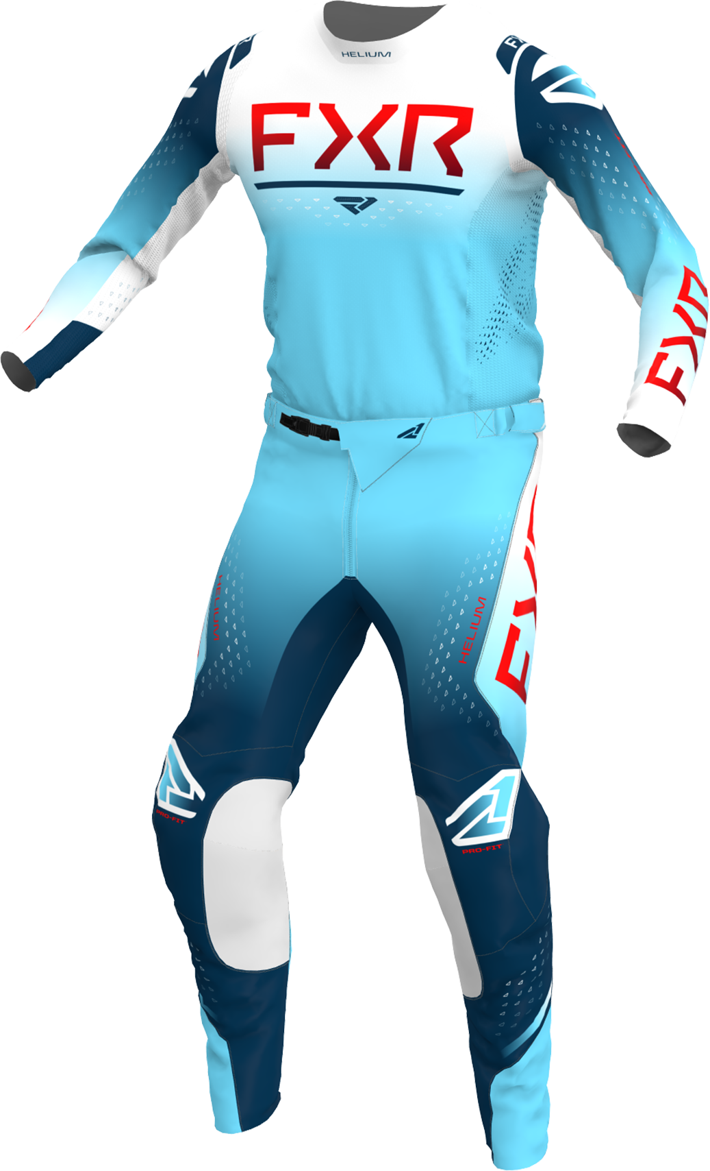 A 3D image of FXR's Helium MX Jersey and Pant in Glacier colorway