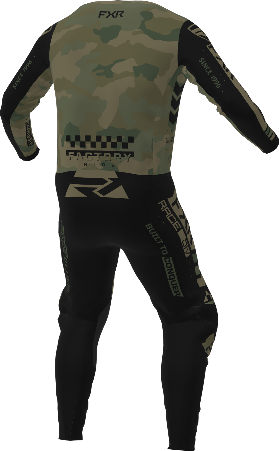 A 3D image of FXR's Podium Gladiator MX Jersey and Pant in Camo colorway